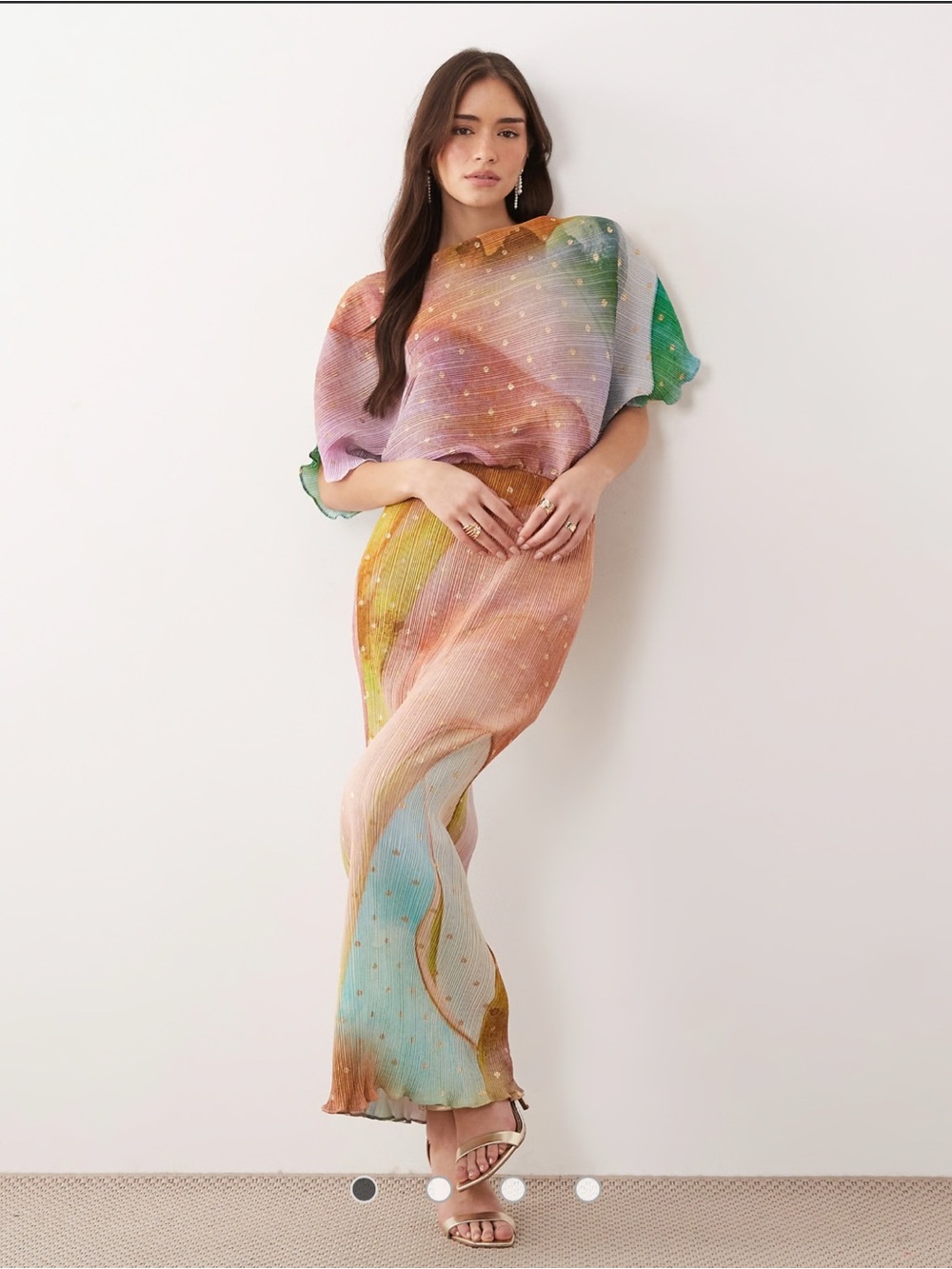 Never Fully Dressed Tilly off the shoulder plissé maxi dress  abstract ombré XS